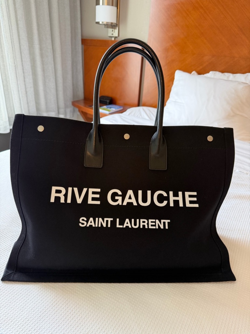 Saint Laurent Black Canvas Rive Gauche Tote with White Logo